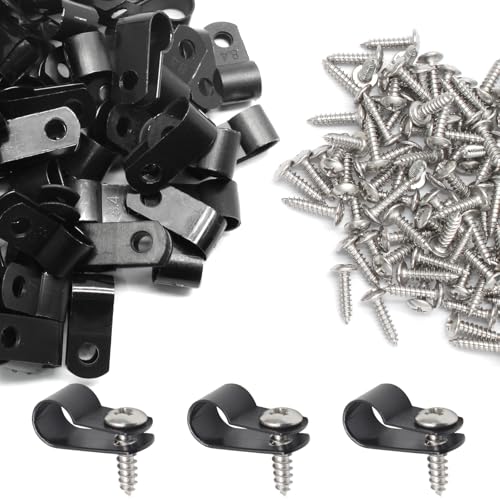 100 Pcs 1/3 Inch Black Nylon Screw Mounting R-type Cable Clip Wire Clamp, 8.4mm Cable Clip Wire Clamp for Wire Management, Stainless Steel Screws Included - color: 100 Pcs Black, size: 1/3