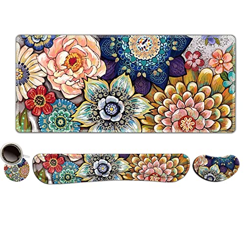 ToLuLu Extended Gaming Mouse Pad, Memory Foam Ergonomic Keyboard Mouse Wrist Rest Support Set, Large Desk Mat with Stitched Edges, Non-Slip Base Mousepad for Home Office Game, Colorful Flower - color: Colorful Flower