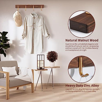 Wall Mounted Coat Rack, Entryway Hanging Coat Rack, Metal Wood Coat Rail with 4 Rustic Hooks Rail for Coat, Scarf, Bag, Towel, Key, Cap, Hat, Walnut Gold Matt - size: 4 Hooks - J Shape