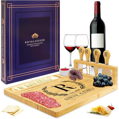 Personalized Cheese Board and Knife Set with Magnetic Holder, Serving Tray for Crackers, Meat, and Wine, Anniversary - style: Personalized Cheese Board Set with Magnet Hold