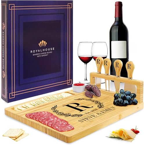 Personalized Cheese Board and Knife Set with Magnetic Holder, Serving Tray for Crackers, Meat, and Wine, Anniversary - style: Personalized Cheese Board Set with Magnet Hold