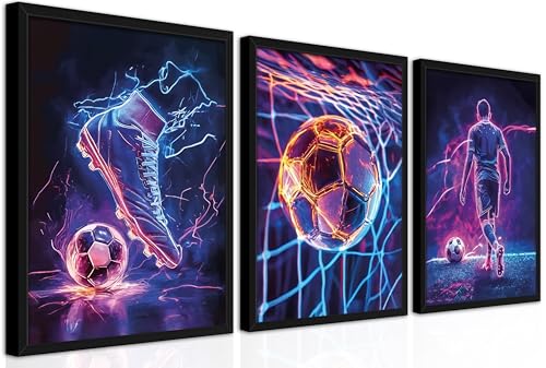 BGFCE Cool Soccer Gaming Wall Art Posters Set of 3, Neon Video Gamer Canvas Pictures, Colorful Soccer Game Painting Prints for Boys Room, Gaming Room Decor for Kids Gamer Room 16x24 inch Unframed - color: Cool Football Sports Posters, size: 24L" x 16W"