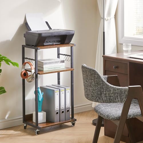 YMYNY Mobile Printer Stand, 3-Tier Printer Cart with Adjustable Storage Shelf and 6 S-Hooks, Tall Printer Table for Home Office, for Computer Tower Stand, Shredder, CPU Stand, Rustic Brown, UHPT002H - color: Rustic Brown-3 Tiers