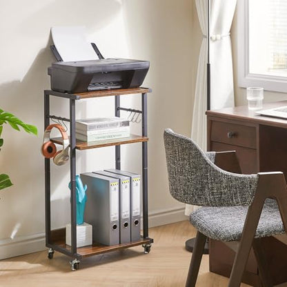 YMYNY Mobile Printer Stand, 3-Tier Printer Cart with Adjustable Storage Shelf and 6 S-Hooks, Tall Printer Table for Home Office, for Computer Tower Stand, Shredder, CPU Stand, Rustic Brown, UHPT002H - color: Rustic Brown-3 Tiers