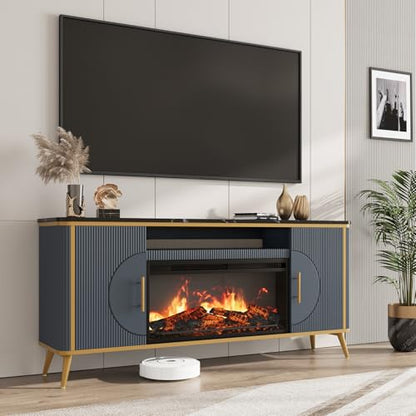 Fluted Fireplace TV Stand Up to 80" TVs, Modern Entertainment Center with 30" Electric Fireplace, Luxury Media Console with Adjustable Shelves for Living Room, Navy Blue - color: Navy Blue