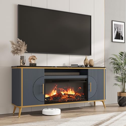 Fluted Fireplace TV Stand Up to 80" TVs, Modern Entertainment Center with 30" Electric Fireplace, Luxury Media Console with Adjustable Shelves for Living Room, Navy Blue - color: Navy Blue