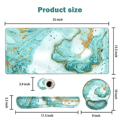 ARTSO Large Mouse Pad Set, Ergonomic Keyboard Wrist Rest Support, Memory Foam Gel Extended Non-Slip Desk Blotter Pad for Office, Home, Teal Turqoise Marble - color: Teal Turqoise Marble