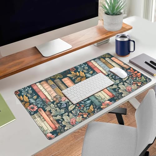 Floral Books Desk Mat Cute Desk Pad XXL Mouse Pad Colorful Mouse Keyboard Pad Flower Bookshelf Desktop Mat for Computer Laptop Aesthetic Reader's Home Decor 31.5x15.7 in - color: A5- Floral Books