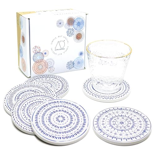AD Set of 6 Coasters for Drinks Absorbing Round Ceramic Stone Coaster with Cork Base,Tabletop Protection Mat for Mugs and Cups,Office,Kitchen (Nordic Blue) - color: Nordic Blue