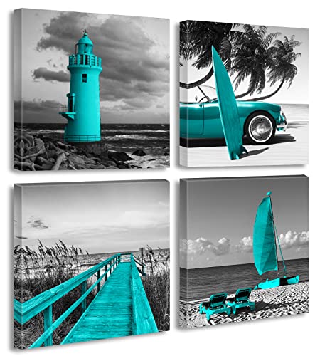 Beach Wall Art Teal Wall Decor Bathroom Decor Sets Accessories Black and White Ocean Lighthouse Painting Palm Tree Surfboard Car Bridge Picture Prints Seascape Office Bedroom Poster 12x12 inches x4 - color: Artwork-a1