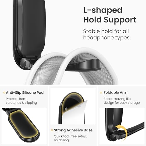 Itramax Headphone Hanger Under Desk,Adhesive Wall Mount Headset Holder,1 Pack Foldable Headphone Monitor Stand Hook,Magnetic Sticky PC Gaming Headset Earphone Clamp for AirPods Max,HyperX,Xbox-Black