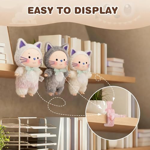 Doll Stand for Cabinet Edge 4Pack | Neck grip design fits 3-7" Labubu blind box figures, adjustable clamp suits panels 0.3-1.02" thick - color: PINK&PURPLE&TEAL