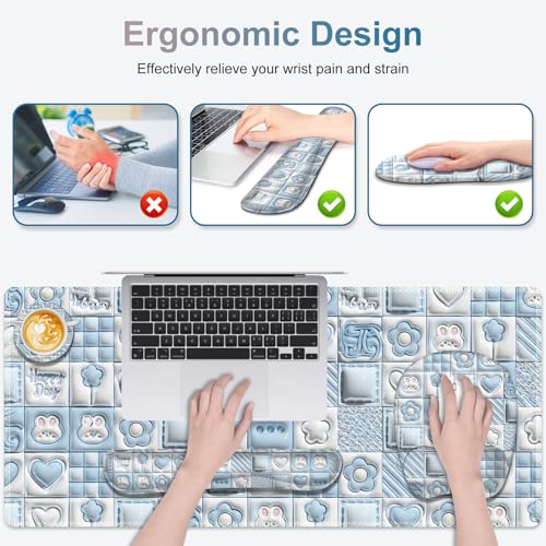 4 in 1 Large Mouse Pad, Keyboard Wrist Rest Set, Ergonomic Mouse Pad with Wrist Support, Desk Mat with Stitched Edges Extended Desk Pad Waterproof Desk Mat for Home Office Game I Cute Rabbit Baby Blue - color: Cute Rabbit Baby Blue