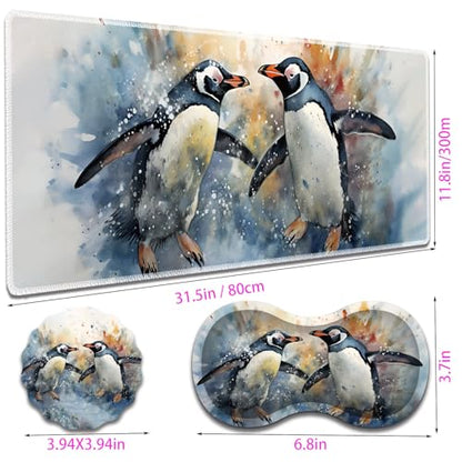 Large Gaming Mouse Pad + Mouse Wrist Rest Pad + Coaster Combination, 31.5 "x 11.8" Durable Non-Slip Extension Table Mat, Suitable for Office and Home, Watercolour Penguins - color: Watercolour Penguins