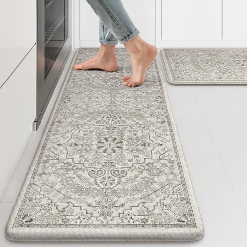 KIMODE Kitchen Mats Cushioned Anti Fatigue, Boho Vintage Grey Kitchen Rugs Sets of 2, Non-Slip Kitchen Mats for Floor, Padded Kitchen Floor Mat for Sink, Laundry, Office, Desk,17"x47"+17"x29" - color: Light Grey/Multi, size: 17.3" x 47"+17.3" x 29"--0.47