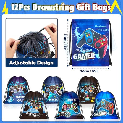 SNLN Video Game Party Favors Birthday Supplies, Gamer Drawstring Bag Keychain Silicone Bracelet Tattoo Sticker, Gamer Gaming Birthday Party Favor Goodie Bag Stuffers Fillers Classroom Rewards for Kids - style: Video Game