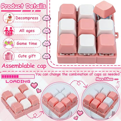 Keyboard Fidget Toy, Keyboard Keychain Fidget Toys, 9-in-1 Clicker Fidget Toy, Stress Relief Desk Decompression Button, Anxiety Relief Valentine's Day Gifts (2 Color-Pink White) - color: 2 Color-pink White