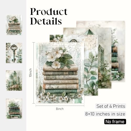 Locomiss Vintage Wall Art Decor, Sage Green Dark Floral Room Decor for Teen Girls Room, Reading Nook Library Classroom Booklish Gifts Posters 4 Pcs, Set of 4 (8x10 Unframed) - color: sage green, size: 8x10 Inches