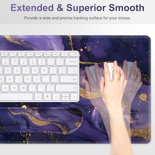 Large Gaming Mouse Pad Set, 4 in1 Ergonomics Keyboard Desk Mat with Memory Foam Wrist Rest, Extended Game Mousepad, Non-Slip Desk Pad Matt Easy Typing Pain Relief I Purple Golden Marble - color: Purple Golden Marble