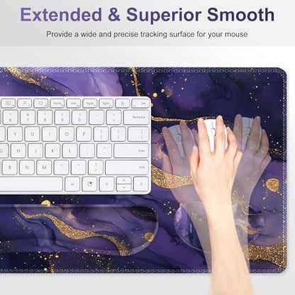 Large Gaming Mouse Pad Set, 4 in1 Ergonomics Keyboard Desk Mat with Memory Foam Wrist Rest, Extended Game Mousepad, Non-Slip Desk Pad Matt Easy Typing Pain Relief I Purple Golden Marble - color: Purple Golden Marble