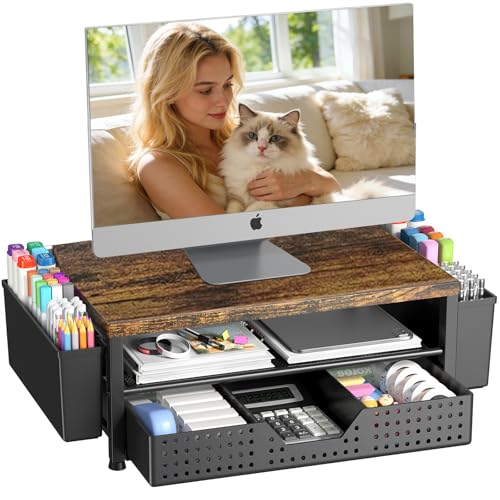 OPNICE Wood Desk Organizers and Accessories, 2-Tier Computer Monitor Stand Riser with Drawer and 2 Pen Holders, Laptop Stand, Office Desk Accessories for Office Supplies, Brown - color: Brown, size: With Drawer and 2 Pen Holders