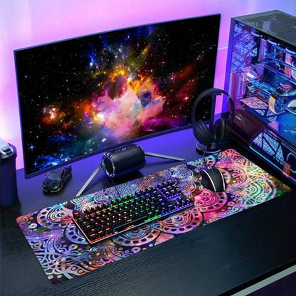 Purple Mandala Gaming Mouse Pad XL Pink Blue Green Abstract Art Extended Big Large Desk Mat Non-Slip Rubber Base Stitched Edge Long Keyboard Mousepad for PC Computer Laptop,31.5×11.8 in - color: Purple Flower, size: X-Large