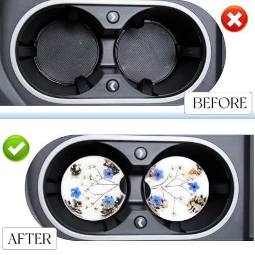 Swooflia Flower Car Cup Holder Coasters for Women - 2.75 Inch Cute Resin Clear Automotive Drink Cupholder Insert Car Accessories 2 Pack Blue - color: Blue