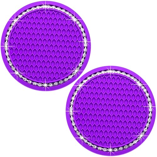 2PCS Bling Cup Holder Coaster, 2.75 Inch Auto Car Cup Holder Insert Coasters, Soft Silicone Anti-Slip Shockproof, Universal Vehicle Interior Accessories for Women Girls (Purple & White) - color: Purple & White, size: 2 pcs