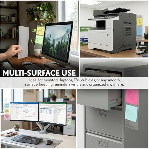 Computer Monitor Memo Board, 4 Pack, Sticky Note Holder, Semi-Transparent Flexible PVC, Monitor Adhesive Message Boards, Desk Accessories & Workspace Organizers, 12" L x 3" W, Non-Acrylic - size: 4 Pack
