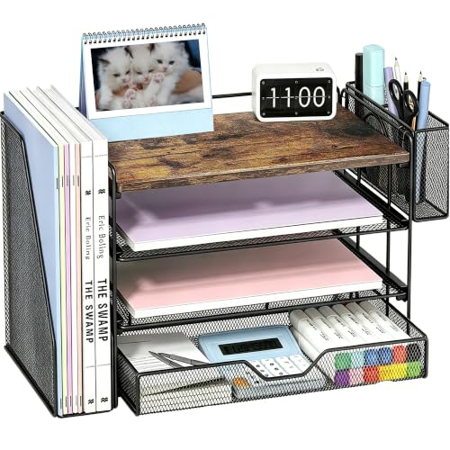 OPNICE Wood Desk Organizers and Accessories, 4-Tier Desktop Paper Letter Tray Organizer with Drawer and Pen Holders, Office Desk Accessories & Workspace Organizers for Home Office Supplies, Brown Wood - color: Wood - Metal Pen Holder, size: 4-tier