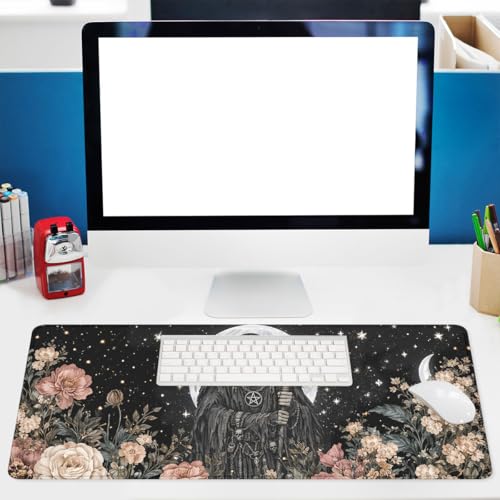 Dark Skull Gaming Mouse Pad Moon Floral Gothic Large Desk Mat with Stitched Edges,Non-Slip Waterproof Rubber Base Mouse Mat Office Computer Keyboard Laptop 31.5"x11.8" - color: Dark Skull