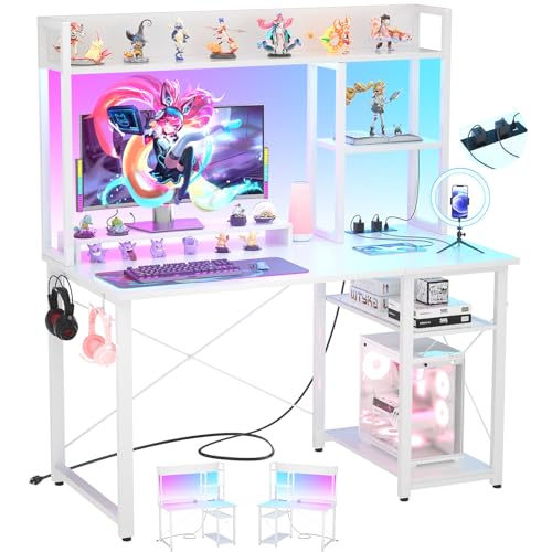 Cyclysio Gaming Desk with Hutch, 39'' Computer Desk with LED Lights & Power Outlets, Home Office Desk with Reversible 5 Tiers Storage Shelves & Monitor Stand, Small Gaming Table for Small Space, White - color: White, size: 39 inch