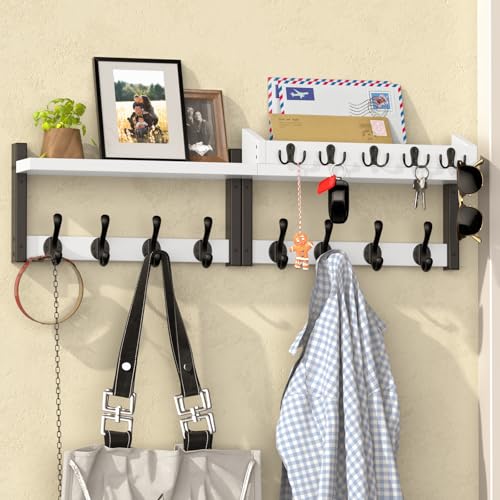 35'' White Coat Rack Wall Mount with Shelf, Solid Wood Coat and Key Hanger with 13 Metal Hooks, Farmhouse Wall Organizer for Mail, Entryway Wall Hangers for Hats, Clothes, Backpacks, Mudroom - color: White, size: 35Inch