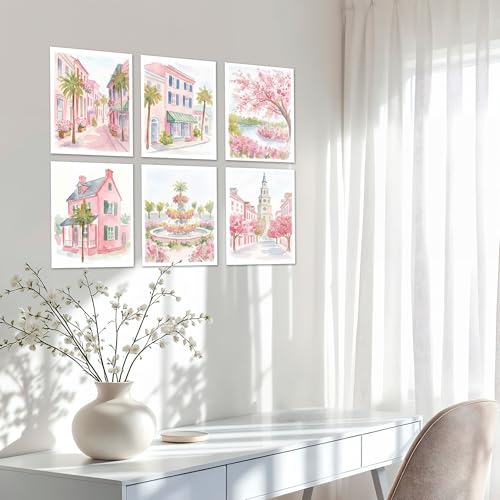 Isfvqyub Preppy Pastel Pink Charleston Wall Art, Aesthetic Coquette South Carolina Poster For Girl, Trendy Girly Church Street Wall Decor For Bedroom Dorm College Nursery, Set Of 6 -A14 - size: Pink Charleston
