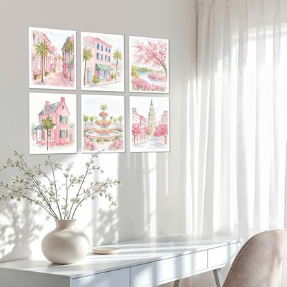 Isfvqyub Preppy Pastel Pink Charleston Wall Art, Aesthetic Coquette South Carolina Poster For Girl, Trendy Girly Church Street Wall Decor For Bedroom Dorm College Nursery, Set Of 6 -A14 - size: Pink Charleston