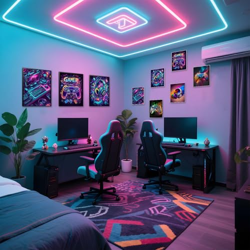 SEHSUVC Game Room Gamer Canvas Wall Art, 24x16inch 3-Piece set Wood Framed + 6 Pcs 8×10 Posters Prints, Neon Gaming Accessories Theme Wall Decor Gifts for Boys Youth Children Bedroom Home Decor - color: Colorful Framed Gamer, size: 24L" x 16W"