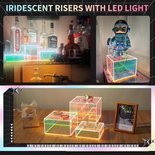 3Pcs Iridescent Acrylic Display Riser with LED light Plug and Play | Lighted Stackable Acrylic Cube Boxes Stand with Hollow Bottom for Figures Jewelry Perfume Purse Liquor Food Buffet Riser - color: Iridescent-LED light-3pcs