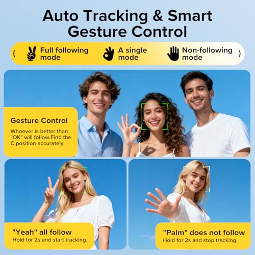 72'' Auto Face Tracking Selfie Stick Tripod Stand, Auto-Open 360° Rotatable Travel Four-Legged Stand for iPhone/Android with Remote, Gesture Control, No App for Vlogging, TK