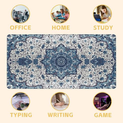 Blue Boho Texture Desk Mat Large Mouse Pad Gaming Mousepad 31.5 x 15.8 in | Desk Pad for Keyboard and Mouse, Large Non-Slip Rubber Base Mousepad Desk Mat with Stitched Edges for Gaming Office - color: Blue Boho Rug Texture