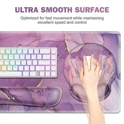 ToLuLu Desk Mat, XXL Large Mouse Pad Wrist Support Set，4 in1 Gaming Mousepad Desk Pad+ Ergonomic Mouse Pad with Wrist Rest + Keyboard Wrist Rest+Coaster for Women Home Office Computer, Purple Marble - color: Purple Marble