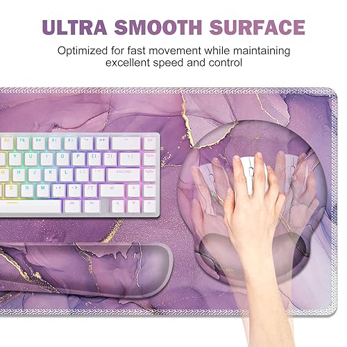 ToLuLu Desk Mat, XXL Large Mouse Pad Wrist Support Set，4 in1 Gaming Mousepad Desk Pad+ Ergonomic Mouse Pad with Wrist Rest + Keyboard Wrist Rest+Coaster for Women Home Office Computer, Purple Marble - color: Purple Marble