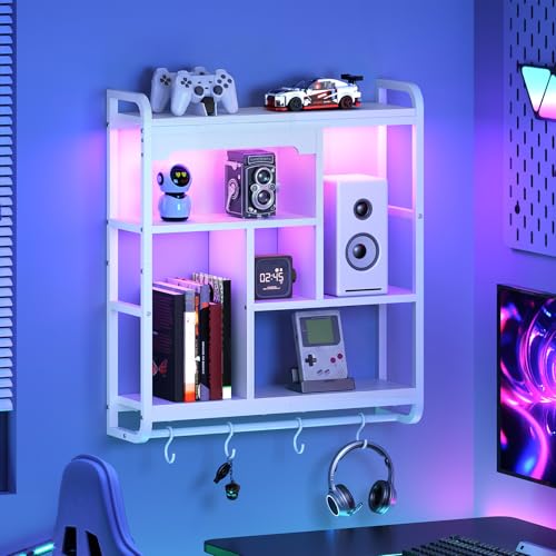 HOOBRO Gaming Floating Shelves with LED Lights, 26.4" LED Wall Mounted Shelf, Modern Corner Shelf 3-Tier Display Rack for Wall Storage, Arched Design, for Kitchen, Living Room, Study, White WT44DBJ01 - color: White