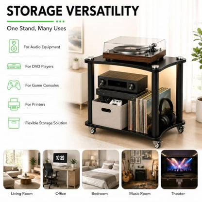 2-Tier AV Media Stand with LED Lights, Heavy Duty Mobile Stereo Cabinet Stand with Wheels, Wooden Stereo Rack, Audio Rack Furniture Perfect for DVD Player/Game Console (with Lights, 2 Tier) - color: With Lights, size: 2 Tier