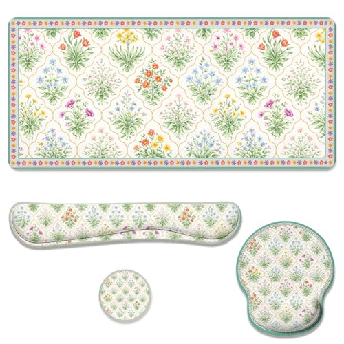 Cottagecore Floral Desk Mat Set Vintage Garden Botanical Mouse Pad with Wrist Rest 4in1 Desk Mat for Desktop Ergonomic Computer Desk Arm Wrist Anti-Slip Computer Mouse Pad Home Office Gaming - color: Cottagecore Floral