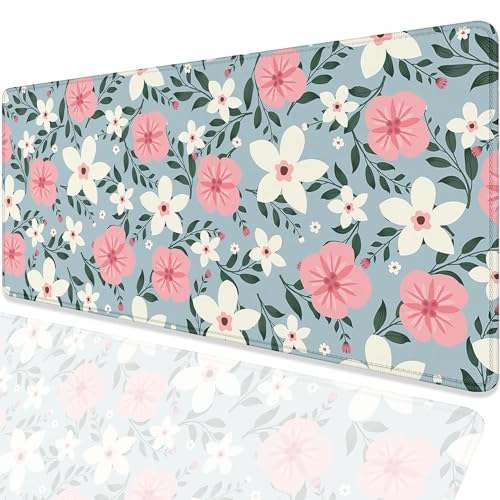 Retro White Pink Flowers Desk Pad Mouse Pad,Extended Large Gaming Floral Mouse Mat with Stitched Edges,Non-Slip Waterproof Rubber Base Mousepad for Office Work Home Desk Mat(27.5X11.8 in) - color: Retro Whitepink Flowers