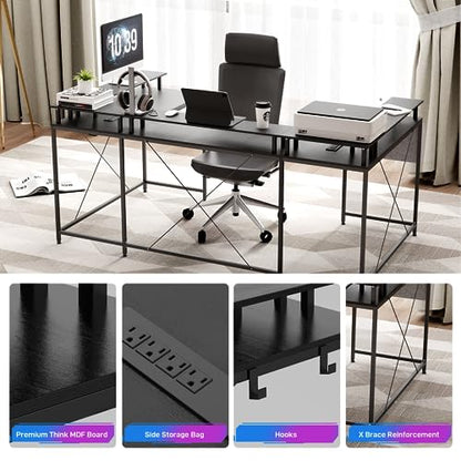 U Shaped Desk with Power Outlet & LED Lights, 79" Reversible Computer Desk with Monitor Stand, Wood Home Office Desks Gaming Desk with Shelving, Side Storage Pockets, Black - color: Black