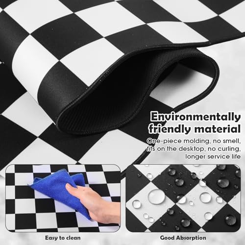 Copkim 1 Pcs Black Scalloped Checkered Desk Mat 31.5 x 11.8 Inch Large Cute Mouse Pad Computer Mat Non Slip Waterproof Rubber Base with Border Stitching Soft Keyboard Pad for Home Office Gaming Makeup - color: Black, style: Checkered