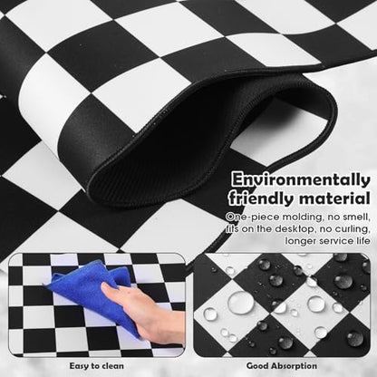 Copkim 1 Pcs Black Scalloped Checkered Desk Mat 31.5 x 11.8 Inch Large Cute Mouse Pad Computer Mat Non Slip Waterproof Rubber Base with Border Stitching Soft Keyboard Pad for Home Office Gaming Makeup - color: Black, style: Checkered
