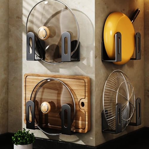 Pot Lid Rack, Wall Mounted 304 Stainless Steel Pan Lid Organizer Holder, Self Adhesive, Kitchen Cooking Utensil Tool (Black) - color: Black