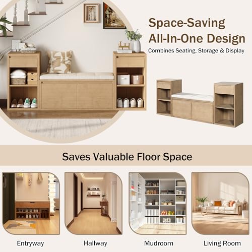 JIJIWANG 77.48" W Entryway Storage Bench with Cushion, 4-in-1 Hallway Bench with Drawers, Compartments and Open Shelves, Mudroom Bench for Shoes and Storage, Brown - color: Brown